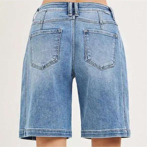 RISEN 2-Button Slouchy Bermuda Long Jean Shorts Pockets sz Large - Picture 7 of 8